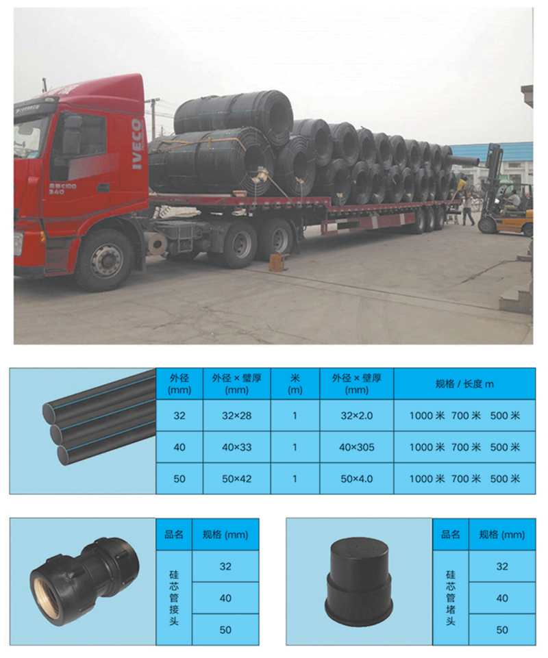 高密度聚乙烯(HDPE )硅芯管制作，系采用特種HDPE原料加硅料共擠復(fù)合而成，具備以下基本特性: 1.管道的強度，包括抗壓，抗張和抗沖擊能力，充分考慮到光(電)纜保護所需的安全系數(shù)，不再需要大管作外層保護。 2、硅管曲率半徑小，為其外徑的十倍。敷管時遇到彎曲處和上下管落差處可隨路而轉(zhuǎn)或隨坡而走，無須作任何特別處理，更不必設(shè)入井過渡。 3、其內(nèi)壁的硅芯層是固體的，永久的潤滑濟。 4、其內(nèi)壁的硅芯層被同步擠壓進壁內(nèi)，均勻地分布于整個內(nèi)壁，硅芯層與高度密聚乙烯具有相同的物理和機械特性:不會剝落，脫離。 5、其內(nèi)壁硅芯層的摩擦特性保持不變，纜線在管道內(nèi)反復(fù)抽取。 6、其內(nèi)璧的硅芯層不與水溶，污物進管后可用水沖洗管道，可免遭嚙齒動物破壞。7、抗老化，使用壽命長，埋入地下可達50年以上。 8、耐候性能好。 9、施工快捷，可大降低工程造價。